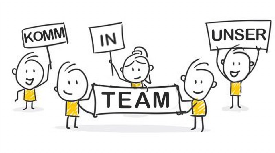 Gezeichnete Strichmännchen halten ein Schild mit der Aufschrift „Komm in unser Team“