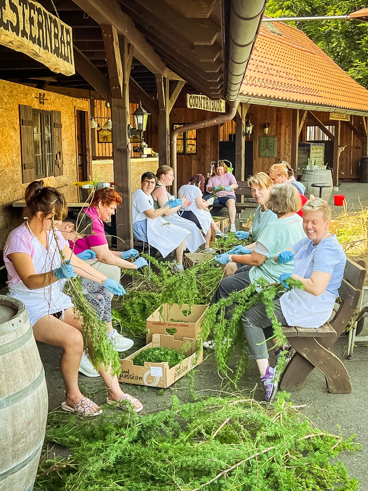Eine Gruppe arbeitet vor einer Hütte mit Tannenzweigen